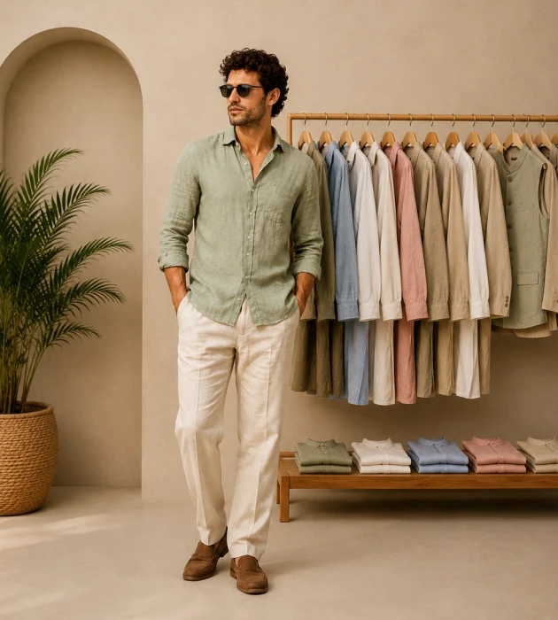 Man in sage green linen shirt with clothing rack, Divysutra store